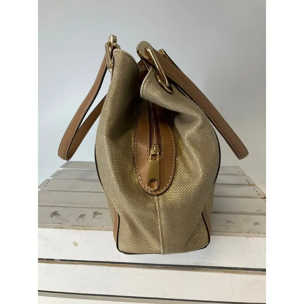 MICHAEL KORS, GOLD CANVAS, BROWN LEATHER TIM SHOULDER BAG